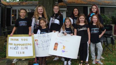 The girls from the Pizazz Dance Academy of Barry Lakes were on the scene at the Daily Bean in Vernon collecting donations for their upcoming trip to the National Dance Competition in Cape May in July 2020. (Photo by Janet Redyke)