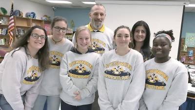 From left, Gianna DeRosa, Hannah Vince, Skye Ivancich, coach Todd Piontkowski, Madison MacPherson, Karen D'Avino, Patience Hevi.