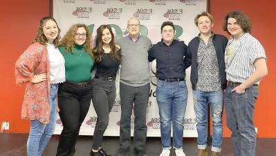 The cast of My Favorite Year performed some of their favorite numbers for WSUS as a run-up to this weekâ€™s performances. From left, Sidney Sparta, Paloma Lupino, Hailey Minter, WSUSâ€™ Steve Andrews, Ryan Spadafina, Cole Benkendorf and Nathan Fitch.