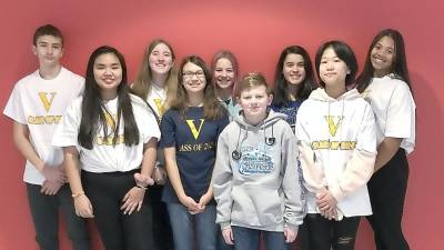 Pictured from left: Mark Maffia, Louise Gravador, Kailey Vogel, Noelle Hernandez, Rebekah Bruesehoff, Aidan Zachowski, Samantha Enid Vasquez, Annie Zhu, &amp; Bria Rolle.