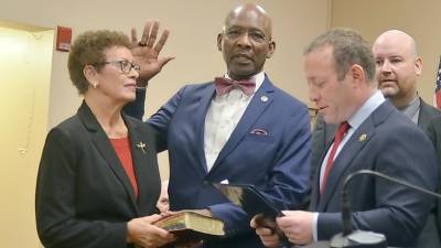 U.S. Rep. Josh Gottheimer swears in Vernon Mayor Howard Burrell on Jan. 1.