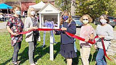 The Jammers at the ribbon cutting for the Little Free Library (from left): Joanne Cosh, Bea Kota, NJDAR State Literacy Chairman, Bonnie Matthews, NJDAR Sate Regent, Allyn Perry, Chapter Historian, and Sally Burns. Missing is Janet Woudenberg, Chapter Registrar (Photo submitted by the Chinkchewunska Chapter, DAR)