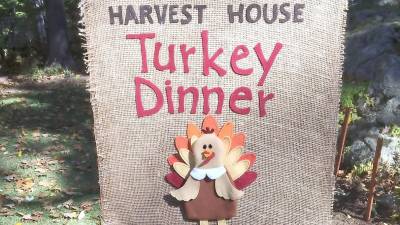 The banner welcomes diners to the DECA sponsored turkey dinner at Vernon High School on Saturday October 19 to benefit Harvest House