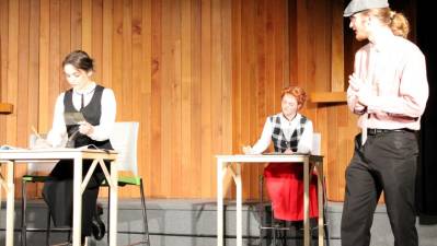 (From left to right) Students prepare for their production of Silent Sky. Jaqueline Mull of Green plays astronomer Henrietta Leavitt, Alexis Borowic of Sussex plays Scottish Astronomer Williamina Fleming and Dominic Chiocchi of Stockholm plays Peter Shaw in Sussex County Community College’s production of “Silent Sky” by Lauren Gunderson.