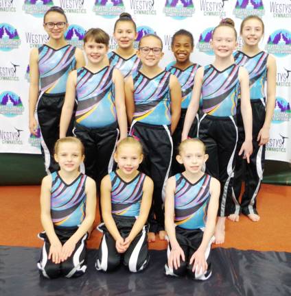 Westys gymnasts starting in back row from left, Adrianna Barone, Samie Copley, Olivia Fisher, Sabrina Dispenziere. Front row from left, Molly Compa, Hailey Jenkins, Chelsea Smith.