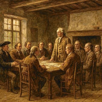 <b>Sussex County Committee of Safety meeting during the Revolutionary War. (AI rendered on data from Bill Truran, who endorses it as historically representative) </b>