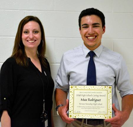 Max Rodriquez, a senior at Vernon Township High School, was recently recognized by the Sussex County School Counselors Association with the 2018 High School Caring Award. Given in recognition of the daily practice of kindness, service and respect, Rodriquez was the unanimous choice among the VTHS guidance counselors. He is pictured here with his guidance counselor, Mrs. Donna Picciuto.