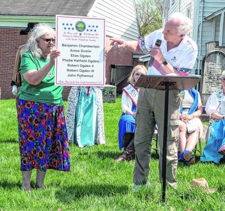 <b>Sussex County Historian Bill Truran, right, and Maryann Francisco, chair of the Sparta Rev250 committee hold up a sign to be dedicated.</b>
