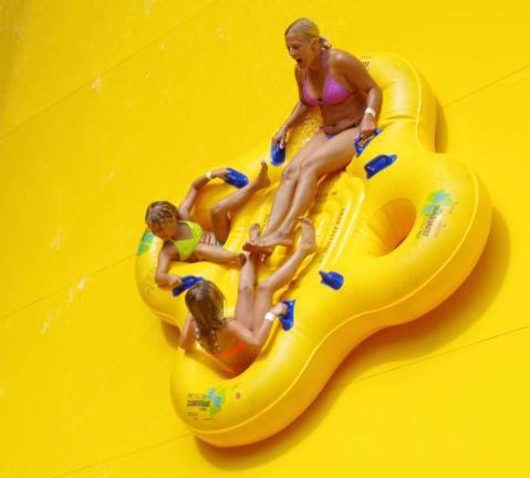 Action Park visitors are shown emerging from the initial freefall of High Anxiety; clearly the most colorful of the parkþÄôs many rides and attractions.