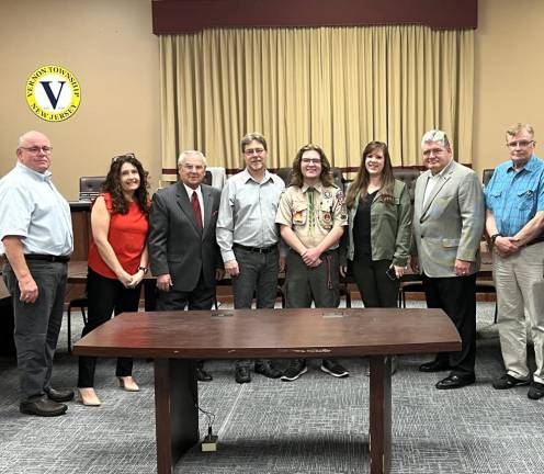 Maverick Brendli was recognized for his Eagle Scout accomplishments at the May 23 Vernon Township Council meeting. With Maverick, from left to right, are Councilman Brian Lynch, Councilwoman Natalie Buccieri, Council President Patrick Rizzuto, James Brendli, Maverick Brendli, April Brendli, Senator Steve Oroho, and Historical Society Trustee Rich Carson.