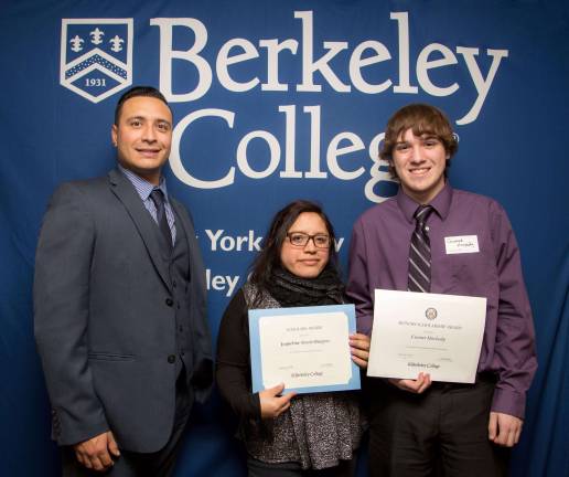 Carlos Gomez, Berkeley College assistant director, High School Admissions, Dover, and high school seniors Jaqueline Steele of Lafayette and Conner Hockedy of Wantage. The students received scholarships to attend Berkeley College.