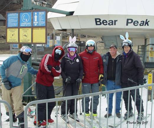 April Fool&#x2019;s Day &amp; Easter Sunday celebrated by at Mountain Creek riders and skiers John, Andres, Buffy Whiting, Rich Calak, Lift Operator Jim and John Whiting on the way to the Bear Peak Ski Lift