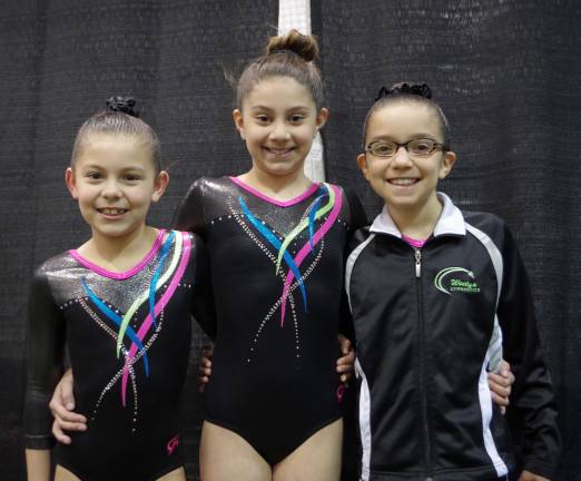 PHOTO BY GEORGE LEROY HUNTER From left Samie Copley of Vernon, Sarah Philback of Hardyston and Andrea Piedresanta of Hamburg. The trio represent Westy's Gymnastics of Franklin, NJ. The 2015 New Jersey State Gymnastics Championships took place on May 1-3.. Westy's Gymnastics of Franklin, New Jersey hosted the event at the Sparta Athletic Club in Sparta.