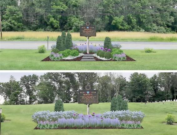 Renderings of what the Blue Star Memorial Highway Marker may look like as positioned at the Northern New Jersey Veterans Cemetery.