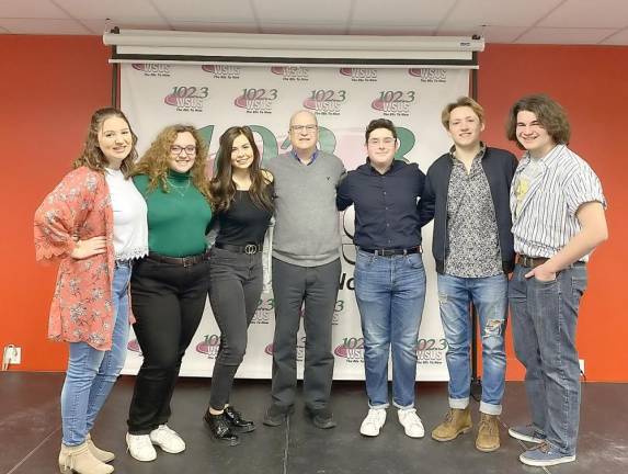 The cast of My Favorite Year performed some of their favorite numbers for WSUS as a run-up to this weekâ€™s performances. From left, Sidney Sparta, Paloma Lupino, Hailey Minter, WSUSâ€™ Steve Andrews, Ryan Spadafina, Cole Benkendorf and Nathan Fitch.
