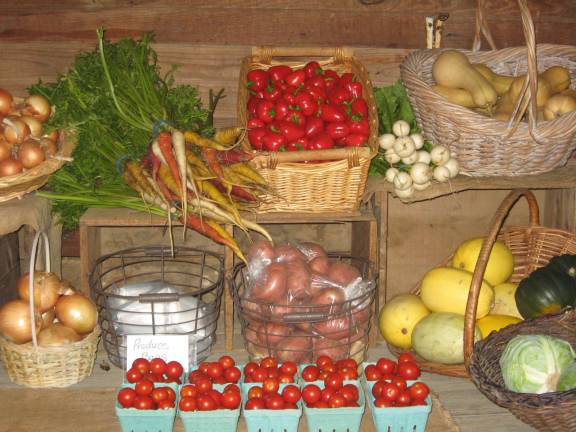 The farm displays healthy fruits and vegetables grown on the farm.