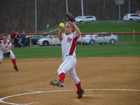 Photo by George Leroy Hunter Ally Frei pitching against Sparta High School on April 19. High Point won 4-0.