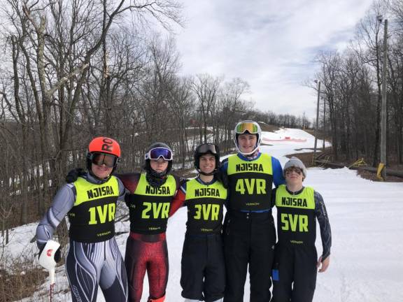 Members of the Vernon Township High School boys ski team, from left, are senior Morgan Freifelder, junior Tyler Heykoop, senior Ian Rovner, junior Nick Decker and sophomore Timothy Pallis.