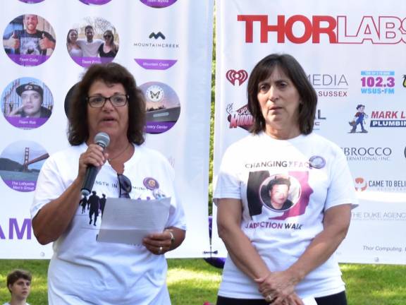 Elaine Tizzano, left, of Franklin and Mary Burns of Stockholm founded the Changing the Face of Addiction Walk in 2015 after losing sons to addiction. Tizzano’s son George died in 2014 at age 27, and Burns’ son Eric died in 2012 at age 22. (Photo by RJ from Vernon)