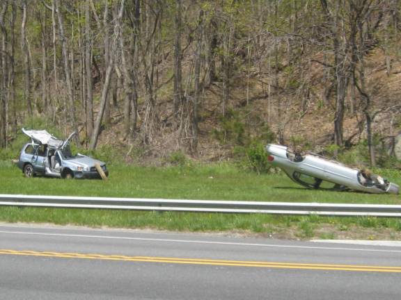 The McAfee Fire Department displayed these wrecked cars on Route 94 hoping to promote safe, not distracted driving.