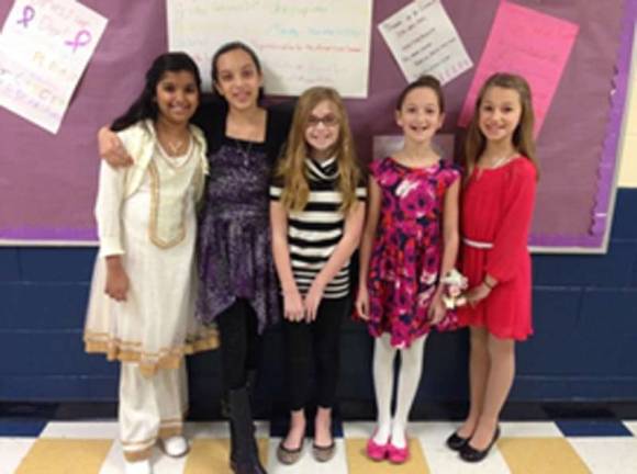 Hardyston Township School fifth-graders Hiba Shaikh, Nadine Boukhari, Gianna Perez, winner Allison Beltrani, and Elita Buffa are shown