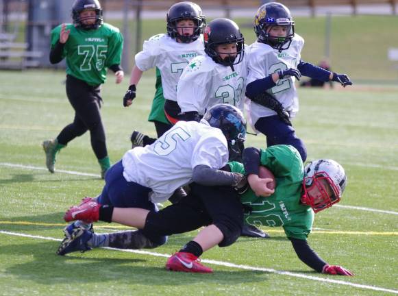 White linebacker Matt Schweizer tackles Green ball carrier Kevin Lockburner.