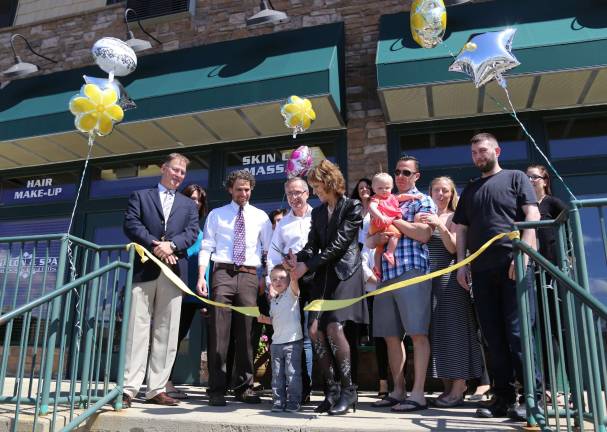 Ribbon cutting at the Spa and Salon in Boulder Hills with Wantage Mayor Ron Bassani, Sussex Mayor Jonathan Rose, Owners Barbara and David Speer and family Bret, Nick,Brody Parker, Brielle Paige and Tara Speer.