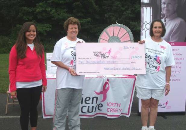 From left, Sidney Kamolvathin of Blairstown, a Komen North Jersey volunteer, Sharon Smith of Wantage, American Legion Auxiliar member sergeant-at-arms and Jo Ann Zajac, president of the Legion Auxiliary Unit 213.