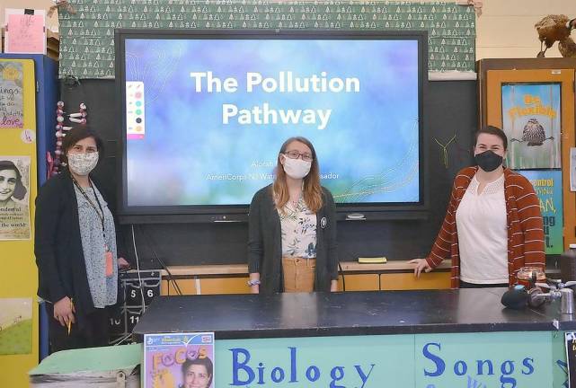 Alorah Beliese (center), Watershed Ambassador for the Wallkill River, talked to science students at Vernon Township High School about the importance of watershed management for conservation and habitat protection. She was the guest of science teachers Stella Foco (left) and Cara Brown (right).