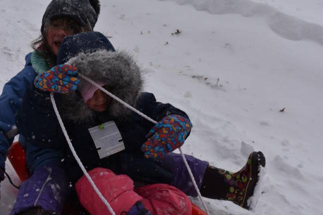 Kai and Juno Gara, 8 and 5, sledding in Pike County Pa. (Photo provided)
