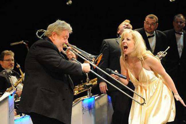 Philip Jones and Keaton Douglas illustrating that entertaining and having fun with music is the message the Somers Dream Orchestra proudly delivers at every performance.