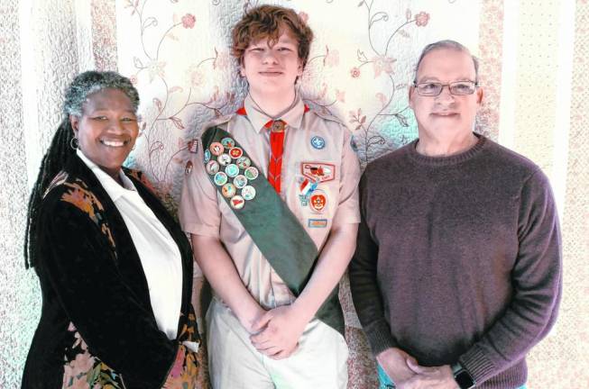 From left are the Rev. Shea Maultsby, minister at Unity of Sussex County; Eagle Scout Aiden Arias; and Mark Correal, president at Unity of Sussex County.