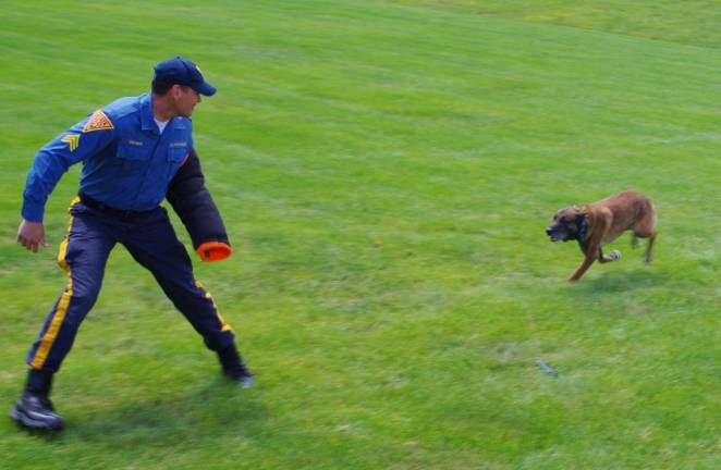 New Jersey State police officers and their dog perform in a demonstration in front of a crowd.