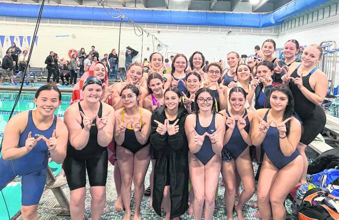 <b>The Vernon girls’ swimming is shown team after their NJSIAA Tournament North 1 Group C quarterfinal win over Pequannock High School.</b>