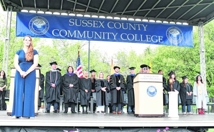 <b>The stage at the Sussex County Community College graduationg ceremony is shown.</b>
