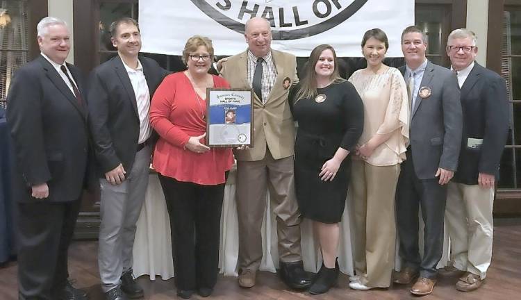Dan Cleary (84), Vice President of the Sussex Hall of Fame, Doug Miller (90), current Head Boys Swim Coach, Ryan's Mother Denise, Bob Trenz, retired VTHS Teacher/Swim Coach, Tiffany Dusche(04), friend of Ryan's, Jen Shirhall (01), current Head Girls Swim Coach, Bill Foley (87), Athletic Director, Joe Sweeney, current Board Member