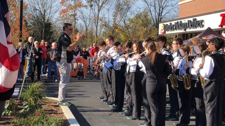 The Wallkill Valley Regional High School Marching Band plays in front of the new ShopRite of Sussex. (Photo by Kathy Shwiff)