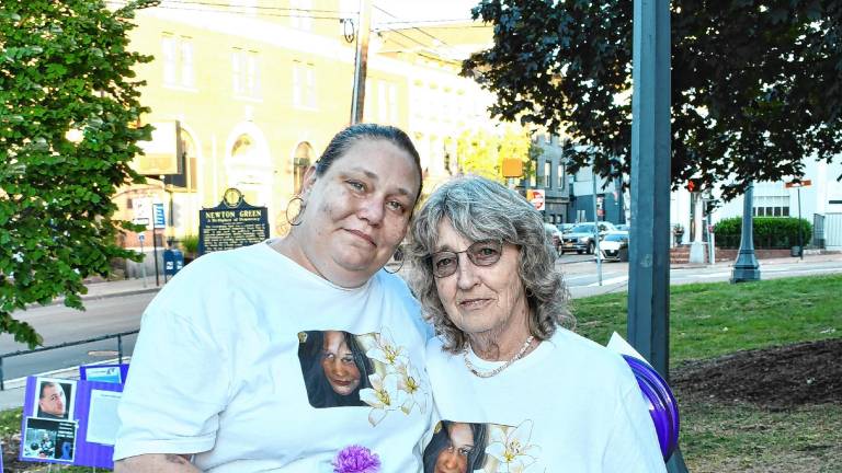 Allison Smith and Carol Ann Skelenger, aunt and grandmother, respectively, of Lily/Ryan Smith Mullen, who died of a drug overdose April 1 at the age of 26. They attended the ‘Remembrance and Recovery: A Day of Healing &amp; Hope’ event Thursday, Aug. 21 on the Newton Green. (Photos by Maria Kovic)