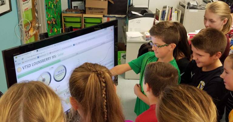 Students from Mrs. Jenkin&#xfe;&#xc4;&#xf4;s 6th grade science class, observing data on Lounsberry Hollow Middle School&#xfe;&#xc4;&#xf4;s digital solar dashboard