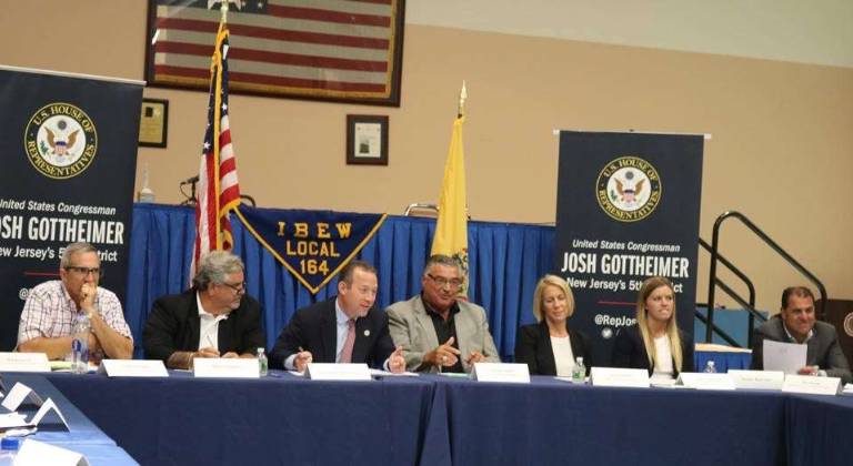 Photo provided Congressman Josh Gottheimer (D-NJ5) convenes local business leaders, union leaders, and local elected officials at the IBEW Local 164 Meeting Hall. From left: Nat Bottigheimer, Mike Schneider, Congressman Gottheimer, Joseph Sanzari, Lisa Chowansky, Margot Chowansky, State Sen. Paul Sarlo (D-Bergen)