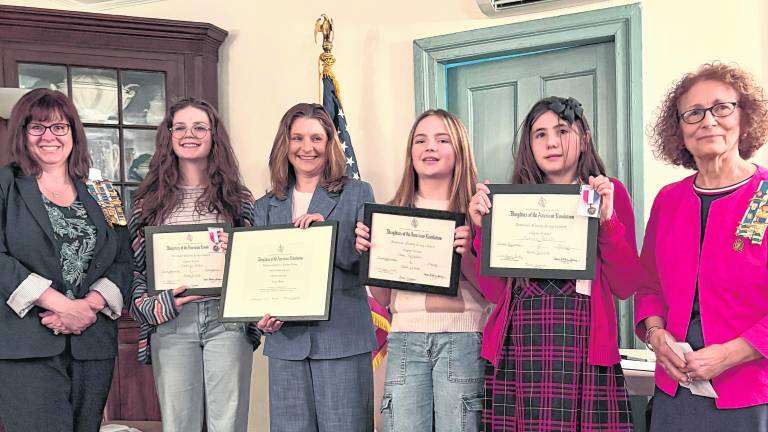 <b>From left, Heather Sandford, NJDAR State Chair of American History; Vanessa Gordon, grade 7; Chapter Winner and 2nd place NJ State grade 7 winner; Catherine Jennings, Sparta Middle School Outstanding Teacher of American History; Shea Gallagher, Grade 6 Chapter Winner; Serena Petillo, Grade 5 Chapter Winner, 2nd place New Jersey State grade 5 Winner; Allyn Perry, Chinkchewunska Chapter Chair Essay contest and Teacher of the Year contest. Not Pictured: Seark Winter, Grade 8 Chapter winner. </b>