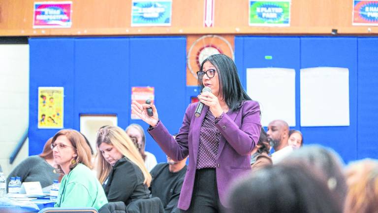 <b>Vernon Township Superintendent Eveny de Mendez speaks to stakeholders.</b>