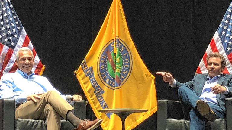 Jack Ciattarelli, left, a Republican candidate for governor, answers questions from moderator Rich Zeoli on Saturday, May 3 at Sussex County Community College. (Photos by Kathy Shwiff)