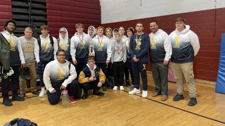 The Vernon Township High School wrestling team poses at the Clifton Holiday Tournament, where it placed second with nine medalists in the 14 weight classes. (Photo provided)
