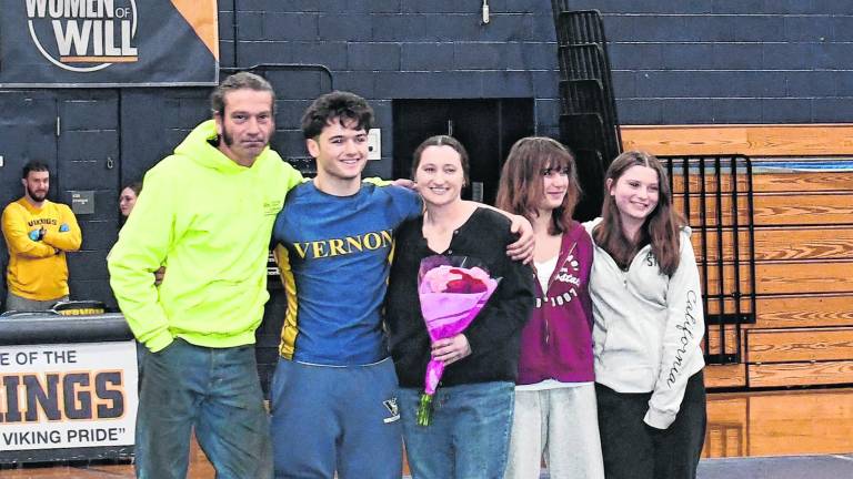 <b>The Vernon Township High School wrestling team honored its seniors, including Anthony LePore.</b>