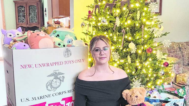 <b>Grace Davenport of Wantage is shown with toys collected in honor of her late brother, Pvt. Ethan Davenport.</b>