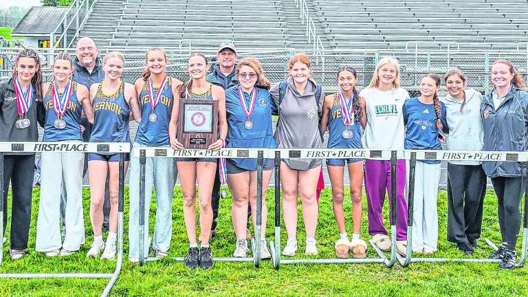 <b>The Vernon Township girls’ track team is shown with the NJAC championship plaque.</b>